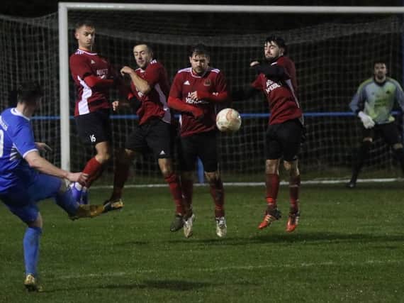 Knaresborough Town defend a free-kick during Saturday's win at Hemsworth. Picture: Craig Dinsdale