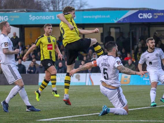 Callum Howe fires Harrogate Town ahead during the Boxing Day defeat to Halifax. Picture: Matt Kirkham