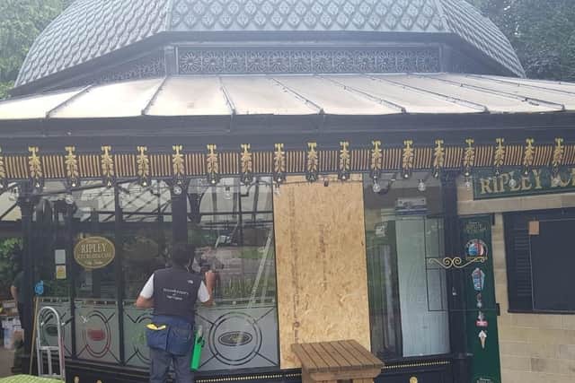Repairing the damage at Magnesia Well cafe in Harrogates Valley Gardens in August of this year.