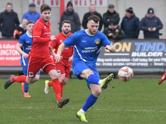 Fatlum Ibrahimi looks to get Harrogate Railway moving forward during Saturday's clash with Bridlington Town. Pictures: Dom Taylor