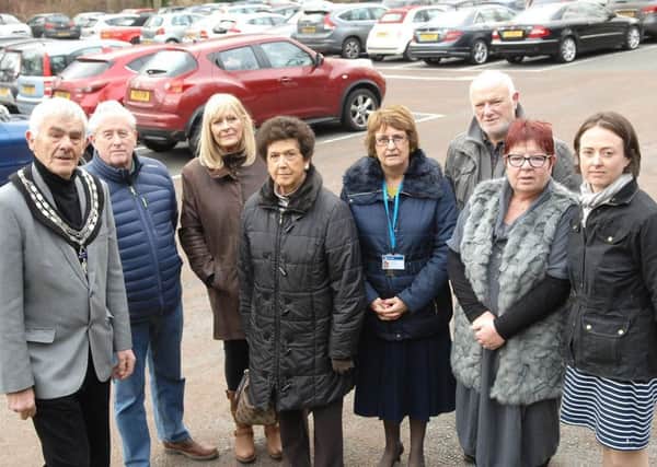 NAWN 1901152AM1 Wilderness Car Park,  The Mayor of Wetherby Coun. Galan Moss with councillors Victor Hawkins, Denise Podlewska, Cindy Bentley, Norma Harrington, David Frame, Dawn Payne and Town Clark Iona Taylor in the Wilderness car park.  (19011552AM1)