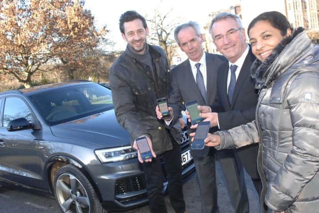 CEO and founder of AppyParking, Dan Hubert, NYCC Executive Member for Highways, Coun Don Mackenzie, HBC Cabinet Member for Sustainable Transport, coun Phil Ireland and Hemlata Narasimhan of VISA