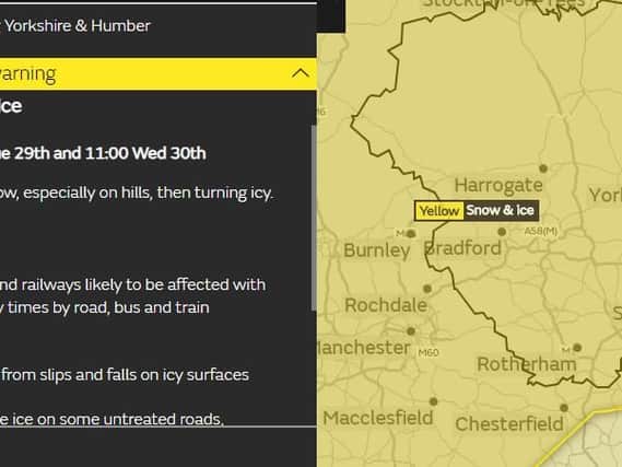 The Harrogate district could be affected by snow and ice on Tuesday as an icy blast hits the region.