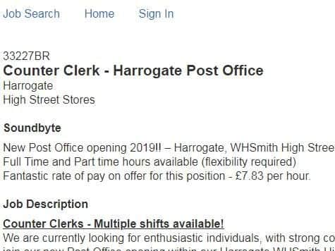 Screenshots of the WHSmith jobs website clearly show the business is already advertising for Post Office jobs in their Harrogate branch.
