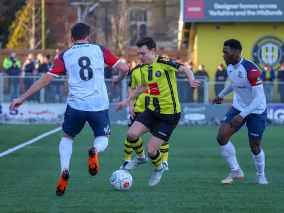 Jack Emmett gets on the ball during Saturday's FA Trophy clash with Stockport County. Picture: Matt Kirkham