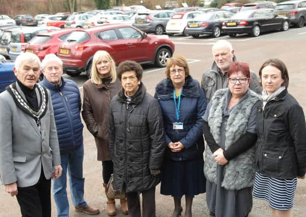 NAWN 1901152AM1 Wilderness Car Park,  The Mayor of Wetherby Coun. Galan Moss with councillors Victor Hawkins, Denise Podlewska, Cindy Bentley, Norma Harrington, David Frame, Dawn Payne and Town Clark Iona Taylor in the Wilderness car park.  (19011552AM1)