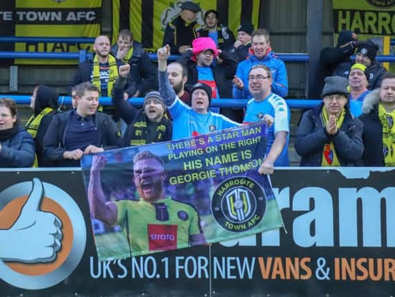Harrogate Town's George Thomson was full of praise for the club's away support after netting a late winner at Dover Athletic. Picture: Matt Kirkham