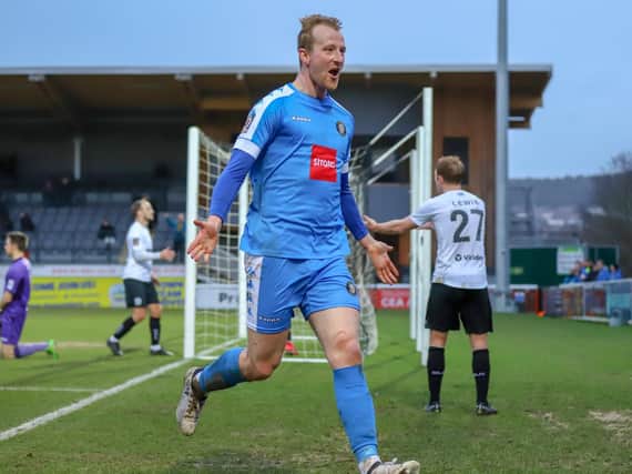 Mark Beck celebrates after netting his second of the afternoon against Dover Athletic. Picture: Matt Kirkham