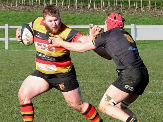 Harrogate RUFC prop Connor Ward on the charge during Saturday's win over Kendal. Picture: Richard Bown