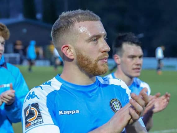 George Thomson applauds the Harrogate Town fans following Saturday's triumph at Dover Athletic. Picture: Matt Kirkham