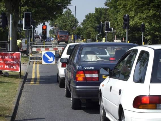 Traffic congestion on Otley Road towards the problem Harlow Moor Road junction in Harrogate.