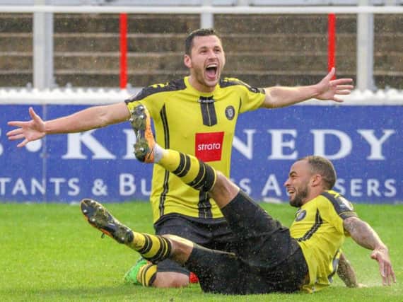 Aaron Williams celebrates after scoring Harrogate Towns second goal against Ebbsfleet United during a 2-0 victory earlier this season. Picture: Matt Kirkham