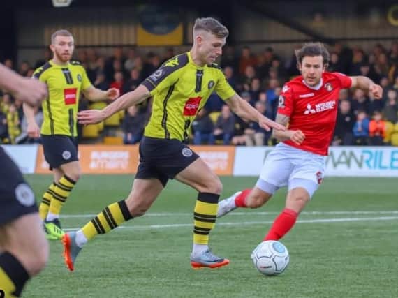 Jack Muldoon fires home Harrogate Town's equaliser during Saturday's National League clash with Ebbsfleet United. Picture: Matt Kirkham