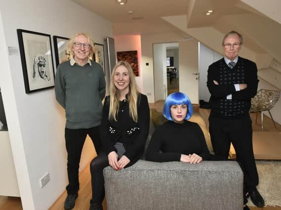Photo call for the film Run Kara by Growler Films at one of the locations, Poliform in Harrogate. Pictured are Henry Thompson, director; Karen Bridgett, writer; Marthe Taylor, actor and production assistant;  Brian Madden, producer. (Picture by Steve Riding)