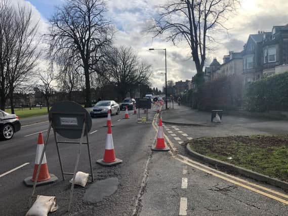 Traffic queues up Leeds Road in Harrogate on Monday.
