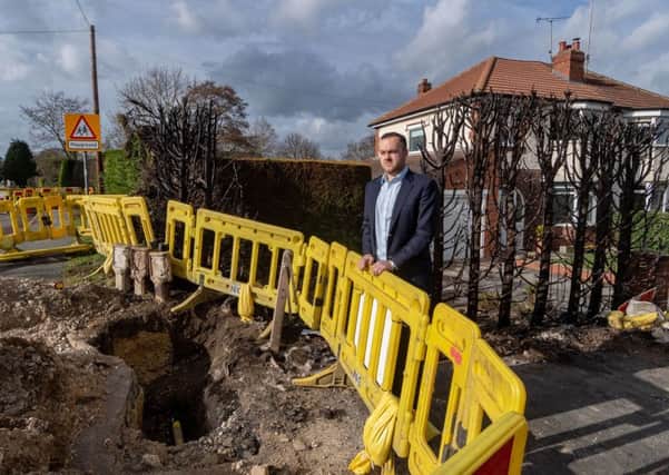 Date:18th February 2019.
Picture James Hardisty.
Councillor Ryan Stephenson near scene of fire at the junction of Keswick Lane and The Drive in Bardsey, Leeds, where a gas mains caught alight on Saturday evening destroying a hedge to a nearby property.