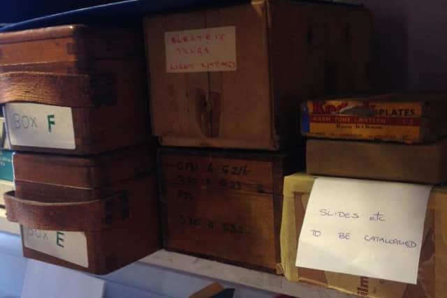 Boxes holding some of the collection in Ripon library, prior to the project starting.