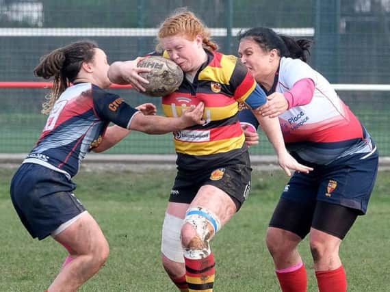 Sarah Foster on the charge during Harrogate RUFC Ladies' victory over Birkenhead Park Panthers. Picture: Richard Bown