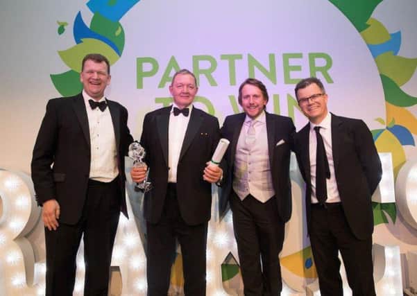 Pictured (l to r): Brakes CEO Hugo Mahoney, Harrogate Water national sales manager Alan Souter, Harrogate Water CEO James Cain, and comedian and awards compere Dominic Holland.