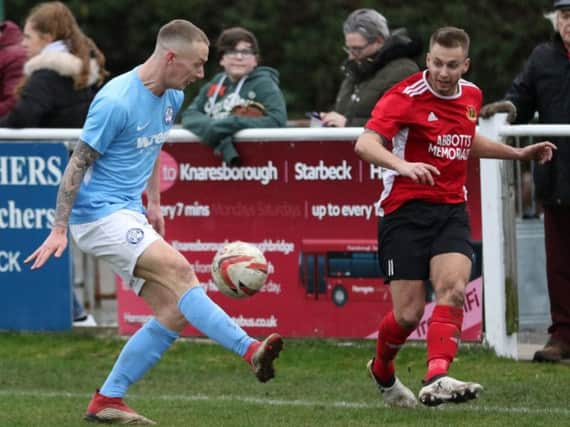 Knaresborough Town's match-winner, Adam Baker, in action during Saturday's home success over Barton Town. Picture: Craig Dinsdale