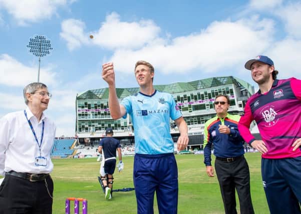 LEADING MAN: Yorkshire captain Steve Patterson tosses the coin with Northants skipper Alex Wakely. Picture: Allan McKenzie/SWpix.com