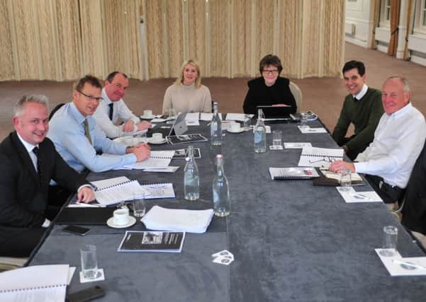 Judging in progress (l to r): Matthew Stamford of lead sponsor Verity Frearson; Prof Chris Gorse, Professor of Construction and Project Management at Leeds Beckett University; Coun Richard Cooper; Natalie Tam of the Yorkshire Agricultural Society; Harrogate Advertiser series editor Jean MacQuarrie; Ryan Harrison of Leathers the Accountants; and David Kerfoot MBE DL, chair of York, North Yorkshire and East Riding LEP.