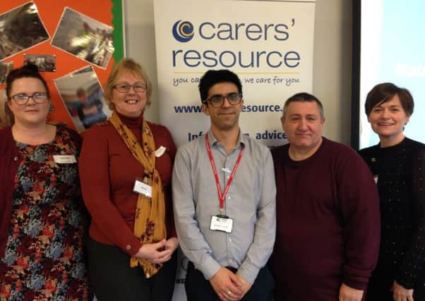 Carers Rosie Fisher and Christine Chapman, Ramzi Suleiman (Carers Trust) and carers Rob Binks and Caroline Broadley.