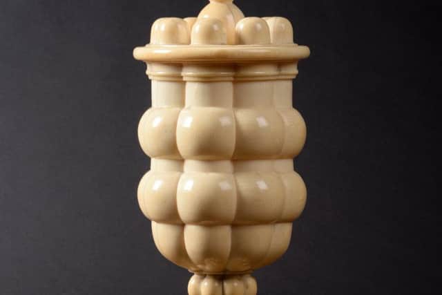 A turned ivory pedestal cup and cover, South Germany, second half 17th century, 39cm high  £5,000-10,000.