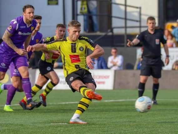Harrogate Town's Jack Muldoon converts from the penalty spot during Saturday's National League encounter with Maidstone United. Picture: Matt Kirkham