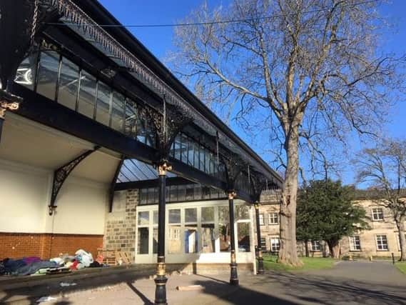 Rough sleepers pictured last week at the public shelter at Crescent Gardens, near where there are plans to build luxury apartments in the former Harrogate council headquarters.