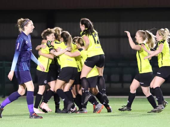 Harrogate Town Ladies celebrate their second goal against Brighouse in their County Cup semi-final clash