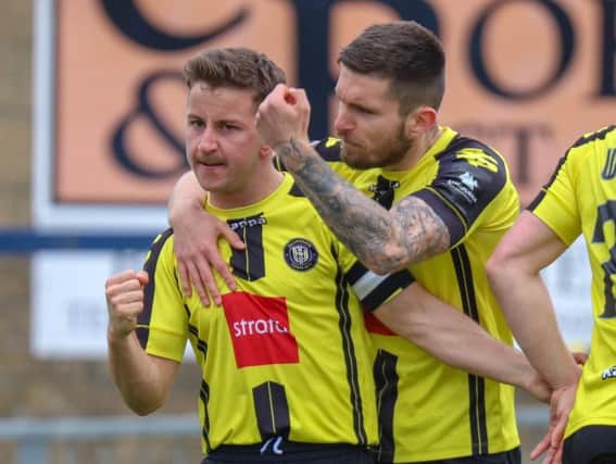 Liam Agnew, right, celebrates with Josh Falkingham as Harrogate Town claimed a first win in five when they visited Havant & Waterlooville. Picture: Matt Kirkham