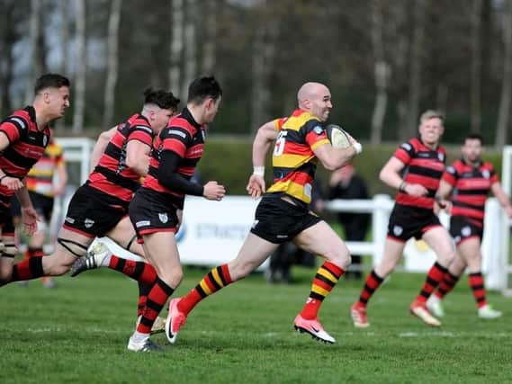 Dave Doherty on the charge during Harrogate RUFC's home victory over Ilkley. Picture: Gerard Binks