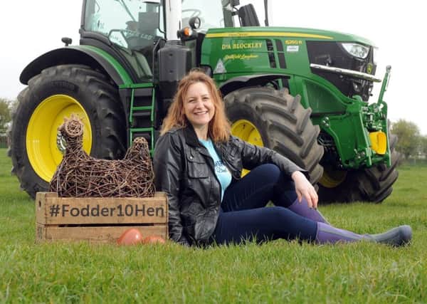 Sculptor Emma Stothard with the Fodder10Hen at the launch of the 161st Great Yorkshire Show. Picture by Tony Johnson.