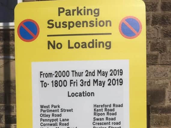 The sign showing some of the parking suspension orders for Harrogate during the Tour de Yorkshire.