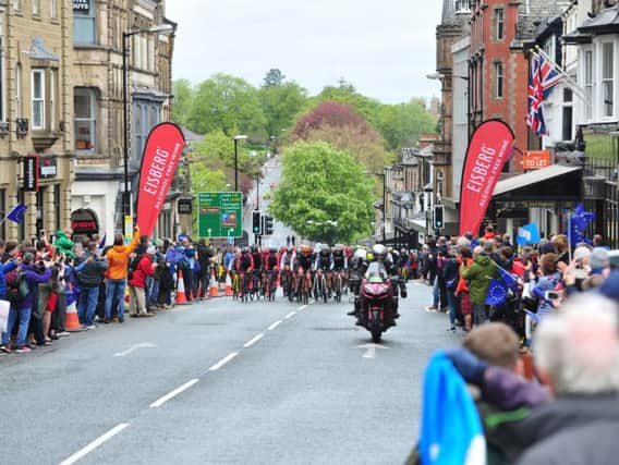 Women cyclists coming up Parliament Street in Harrogate for Tour de Yorkshire 2019. (Picture by Gerard Binks)