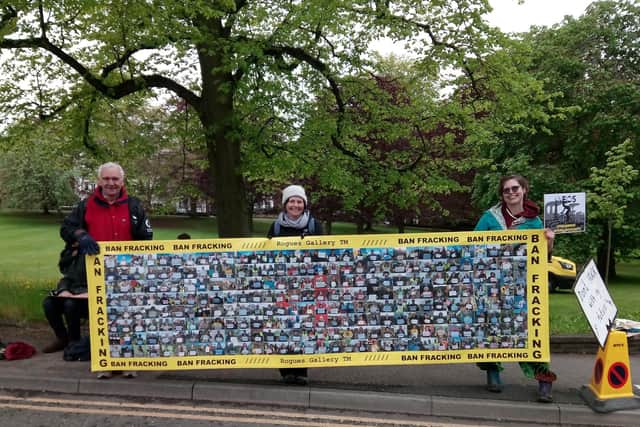 Anti-fracking protesters on West Park in Harrogate today at the Tour de Yorkshire.