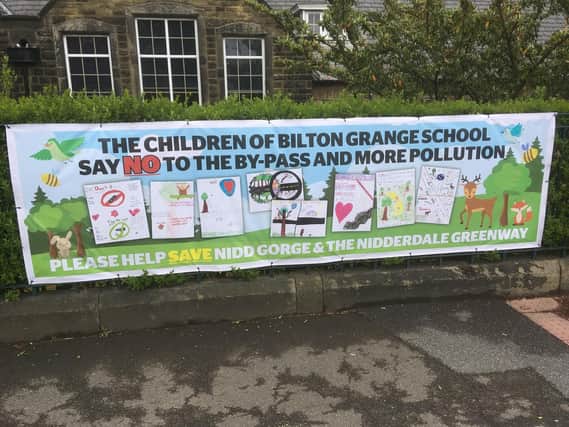 The anti-relief road banner at Bilton Grange Community Primary School in Harrogate.