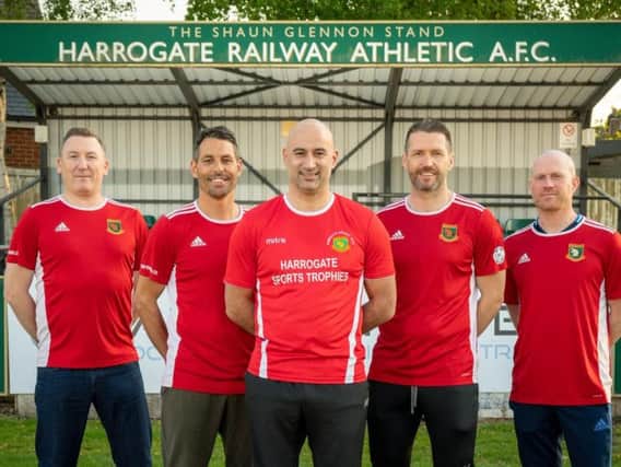 New Harrogate Railway boss Des Macorison, front, with, from left, reserve team manager Ray Green, assistant-manager Lee Ryan, head coach Danny Scott and football development officer Wil Golby. Picture: Caught Light Photogrpahy
