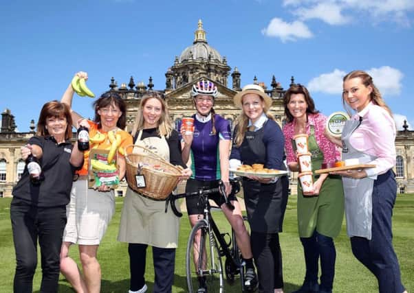 Amy Souter of Carter Jonas (centre) at Castle Howard with food producers (l to r) Wold Top, Riverford Organic Farmers, Bothams, Appletons, Yorkshire Provender and Wensleydale Creamery, who are all supporting the Carter Jonas LandAid Pedalthon.
Picture: Richard Doughty Photography