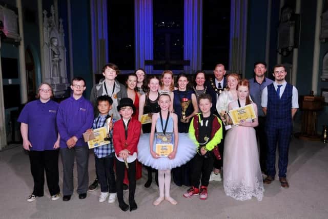 The finalists of Ripon's Got Talent 2019, with judges, compere Jake England, the Mayor, Coun Eamon Parkin, and Jennyruth Workshops. Picture: Gerard Binks.