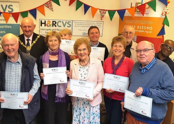 Saying thank you to HARCVS and HELP volunteers with Mayor of Harrogate District, Councillor Stuart Martin.