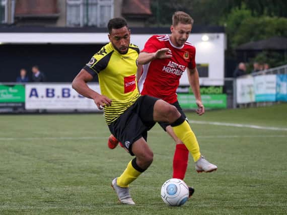 Harrogate Town winger Brendan Kiernan in action against Knaresborough Town at the CNG Stadium . Picture: Matt Kirkham