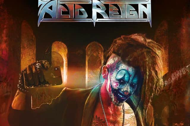 The cover of Harrogate rock band Acid Reign's new album The Age of Entitlement by renowned album cover illustrator Mark Wilkinson of Iron Maiden fame.