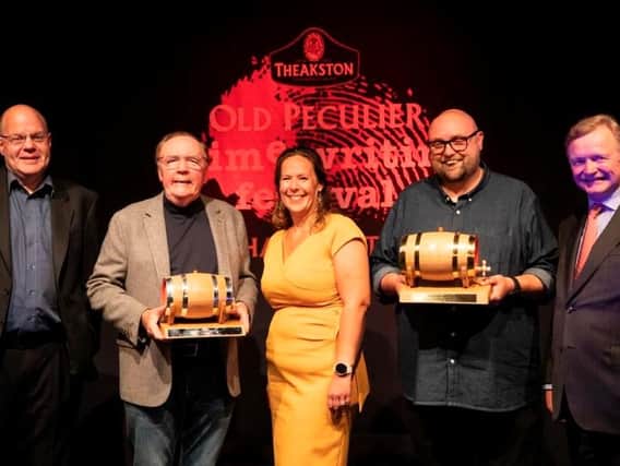 Broadcaster and award host, Mark Lawson; James Patterson, winner of the tenth Theakston Old Peculier Outstanding Contribution to Crime Fiction Award; Sharon Canavar, chief executive of Harrogate International Festivals; and Steve Cavanagh, winner of The Theakston Old Peculier Crime Novel of the Year Award for 2019; and Simon Theakston, title sponsor and executive director of T&R Theakston Ltd