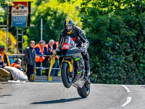 Joe Akroyd in action at the Southern 100 race on the Isle of Man