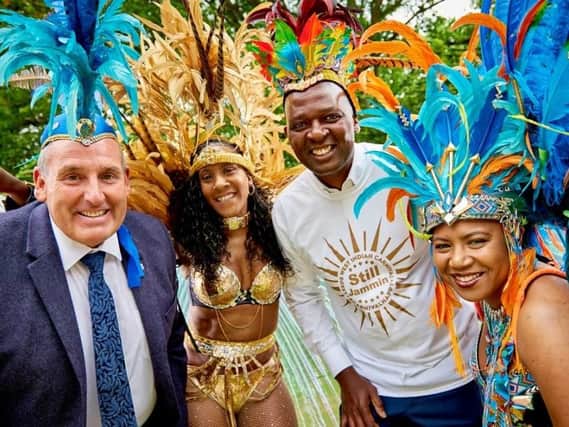 The carnival is coming -  Coun Stanley Lumley, Harrogate Borough Councils cabinet member for culture, tourism and sport, second left, is carnival dancer Natalie Brown, Harrogate Borough Council chief executive Wallace Sampson, and carnival dancer Lorraina Gumbs.