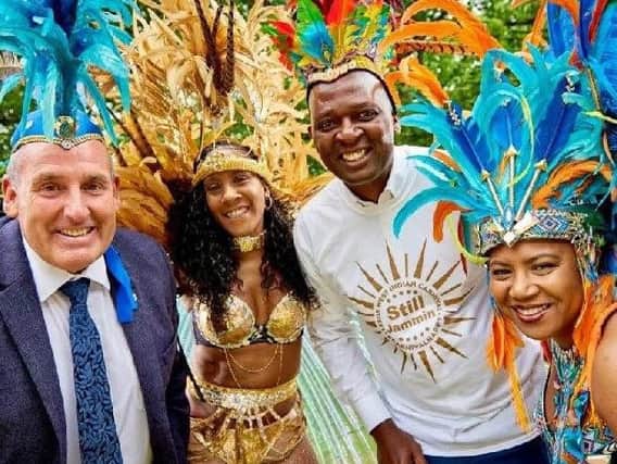 The carnival is coming - Coun Stanley Lumley, Harrogate Borough Councils cabinet member for culture, tourism and sport, second left, is carnival dancer Natalie Brown, Harrogate Borough Council chief executive Wallace Sampson, and carnival dancer Lorraina Gumbs.