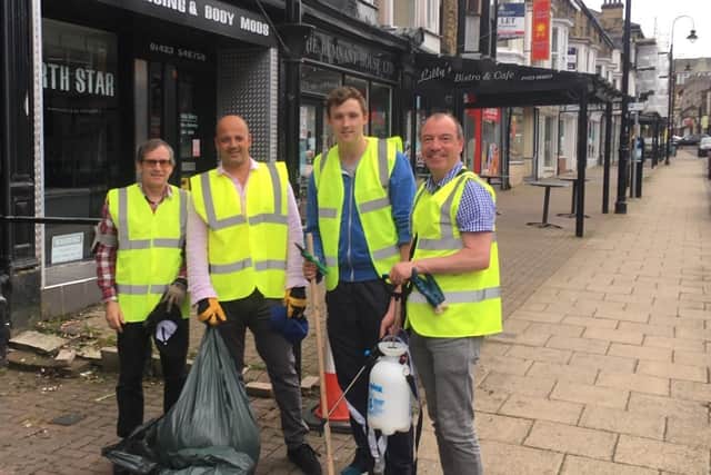 Volunteering - Harrogate councillors clearing litter recently from towns indie gem of Commercial Street - From left, Paul Haslam, Alex Raubitschek, Sam Gibbs and Richard Cooper.