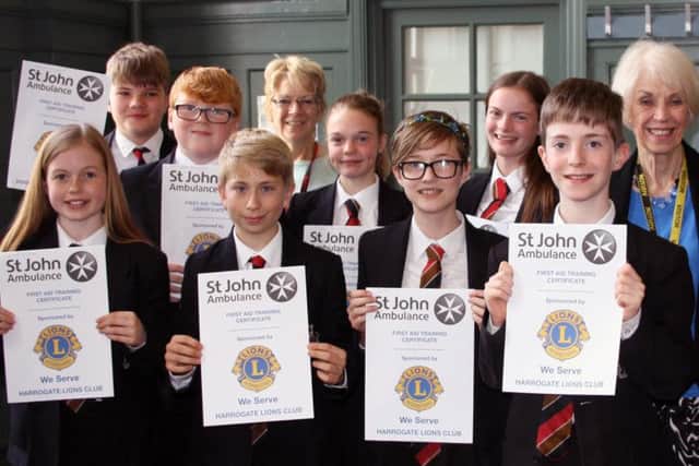 First aid trained: Students at Harrogate Grammar School with their certificates.